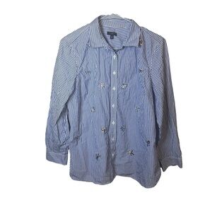 Talbots Striped Button Down Shirt With Beaded Embellishments Large Petite